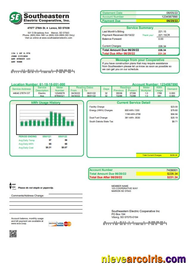 USA South Dakota Southeastern Electric utility bill